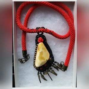 New Unique Baltic amber with red beads and metal handmade by designer NECKLACE